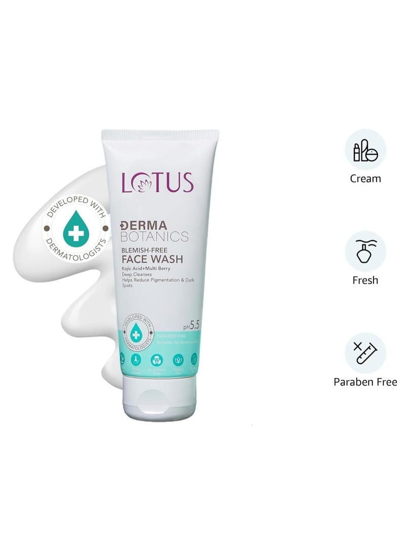 dermabotanics kojic acid multi berry blemish free face wash reduces pigmentation acne dark spots dermatologist made ph 5 point 5 non irritating for sensitive skin 100g