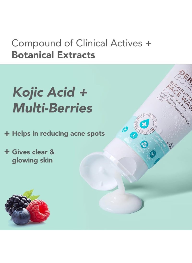 dermabotanics kojic acid multi berry blemish free face wash reduces pigmentation acne dark spots dermatologist made ph 5 point 5 non irritating for sensitive skin 100g