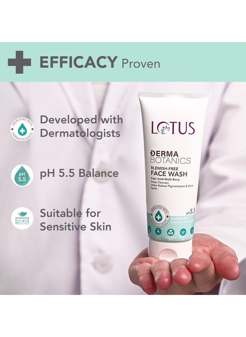 dermabotanics kojic acid multi berry blemish free face wash reduces pigmentation acne dark spots dermatologist made ph 5 point 5 non irritating for sensitive skin 100g