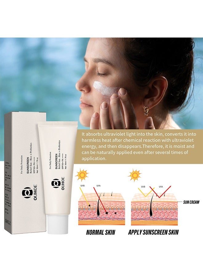 Relief Sun Rice Probiotics SPF50+ PA++++, Rice Probiotics Sunscreen 50ML,Waterproof  Moisturizing Whitening Sunscreen Cream For Face and Body Daily Use Vacations  Outdoor Sports