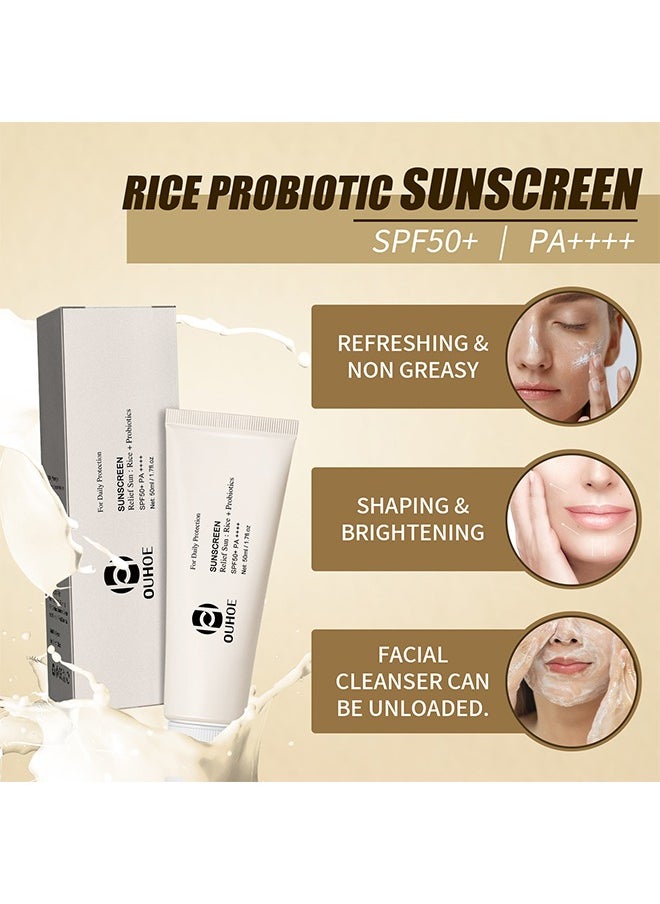 Relief Sun Rice Probiotics SPF50+ PA++++, Rice Probiotics Sunscreen 50ML,Waterproof  Moisturizing Whitening Sunscreen Cream For Face and Body Daily Use Vacations  Outdoor Sports