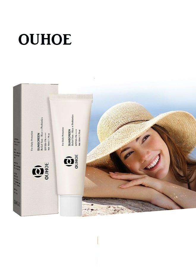 Relief Sun Rice Probiotics SPF50+ PA++++, Rice Probiotics Sunscreen 50ML,Waterproof  Moisturizing Whitening Sunscreen Cream For Face and Body Daily Use Vacations  Outdoor Sports