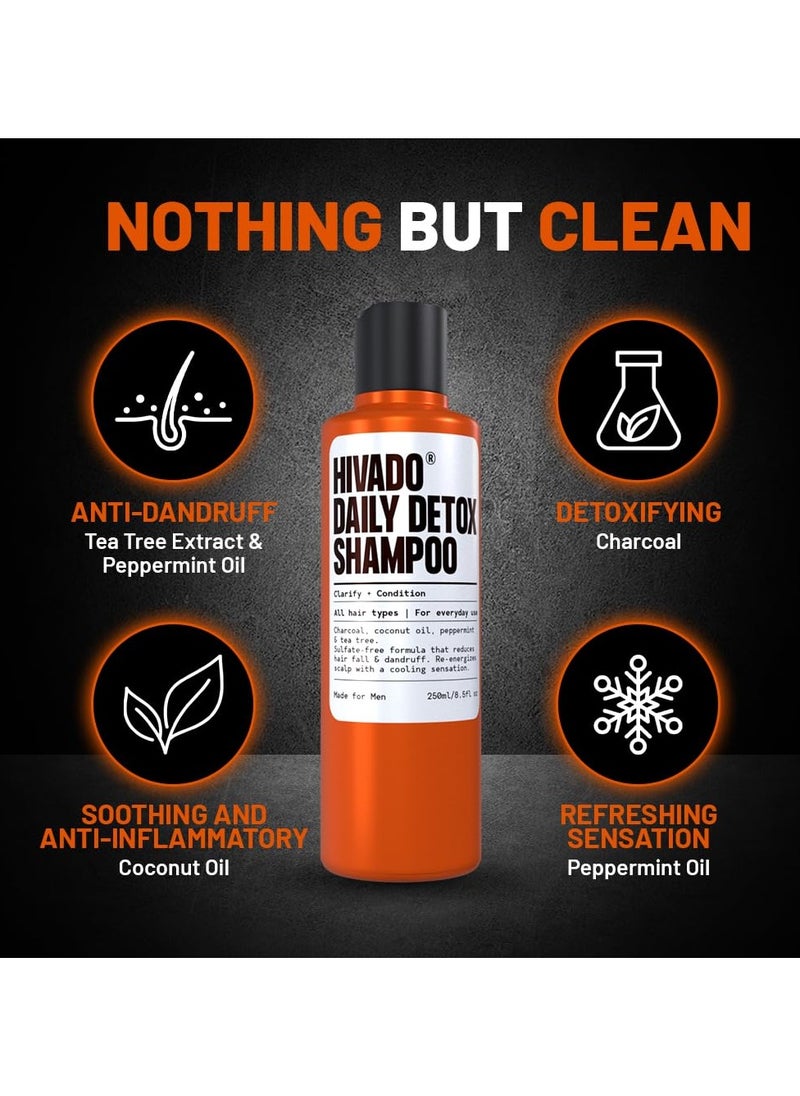Daily Detox Shampoo for Men - Anti-Dandruff, Itchy & Flaky Scalp Relief - Fights Build-Up, Dirt, Oil, Hard Water - Tea Tree, Charcoal, Peppermint & Coconut Oil - Sulfate-Free, 250ml