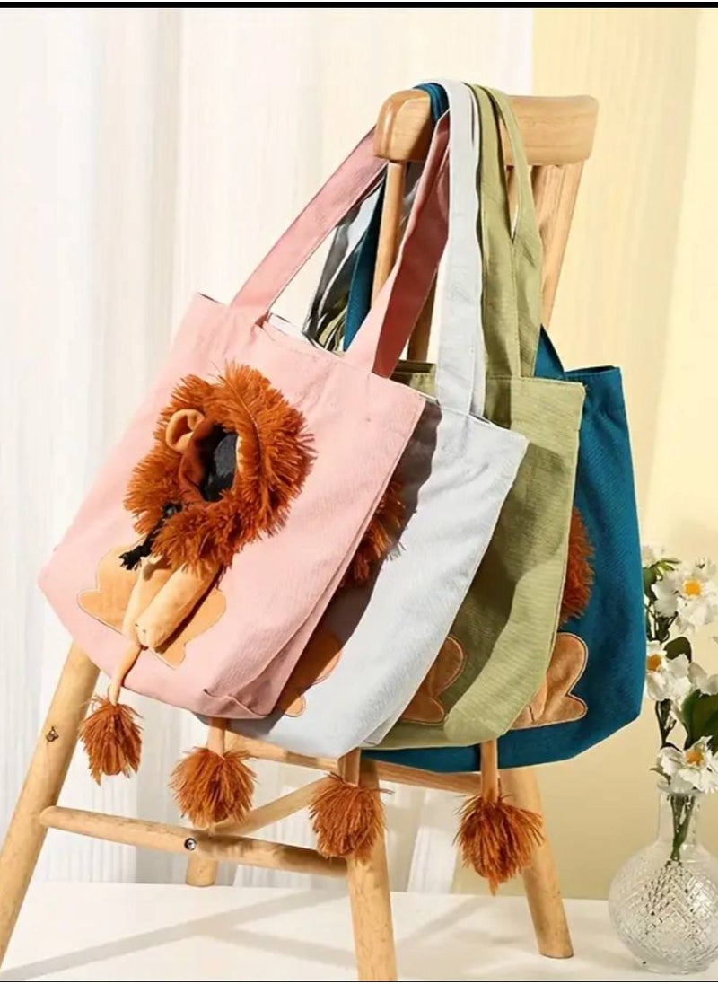 olive green portable shoulder bag for cats and small dogs with lion head design, stylish for outdoor adventure