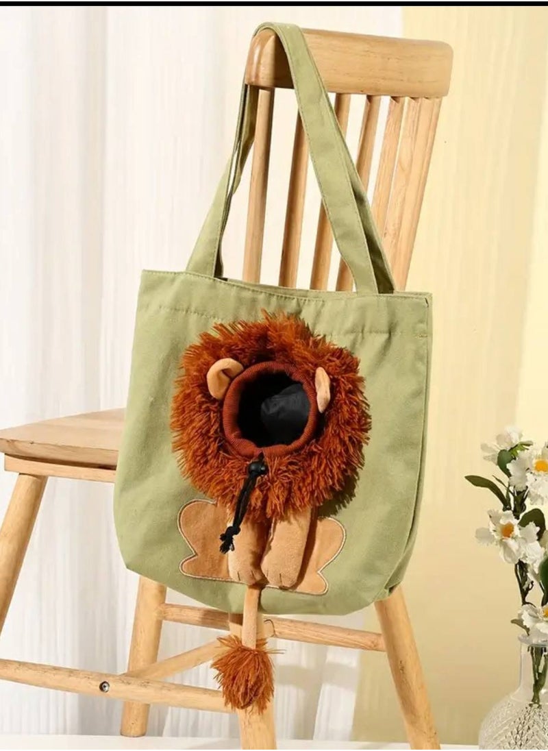 olive green portable shoulder bag for cats and small dogs with lion head design, stylish for outdoor adventure