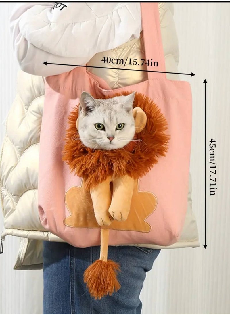 olive green portable shoulder bag for cats and small dogs with lion head design, stylish for outdoor adventure
