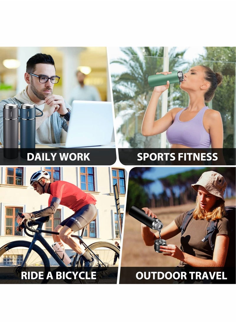 Water Bottle 500ml Vacuum Flask, Insulated Travel Mug with Leakproof Lid and Handle, Reusable Drinks Bottles Stays Coffee Tea Hot and Cold Up to 12 Hours for Work Sports Camping Cycling, Black