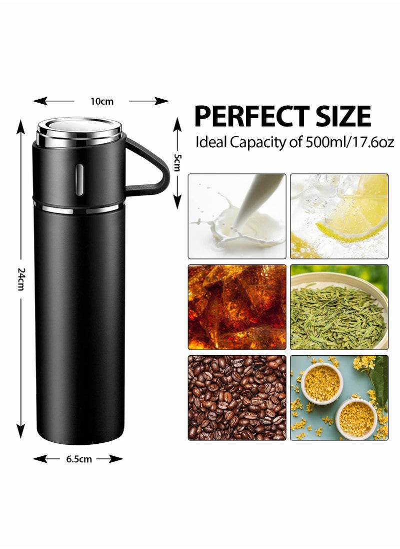 Water Bottle 500ml Vacuum Flask, Insulated Travel Mug with Leakproof Lid and Handle, Reusable Drinks Bottles Stays Coffee Tea Hot and Cold Up to 12 Hours for Work Sports Camping Cycling, Black