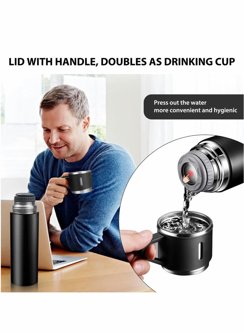 Water Bottle 500ml Vacuum Flask, Insulated Travel Mug with Leakproof Lid and Handle, Reusable Drinks Bottles Stays Coffee Tea Hot and Cold Up to 12 Hours for Work Sports Camping Cycling, Black