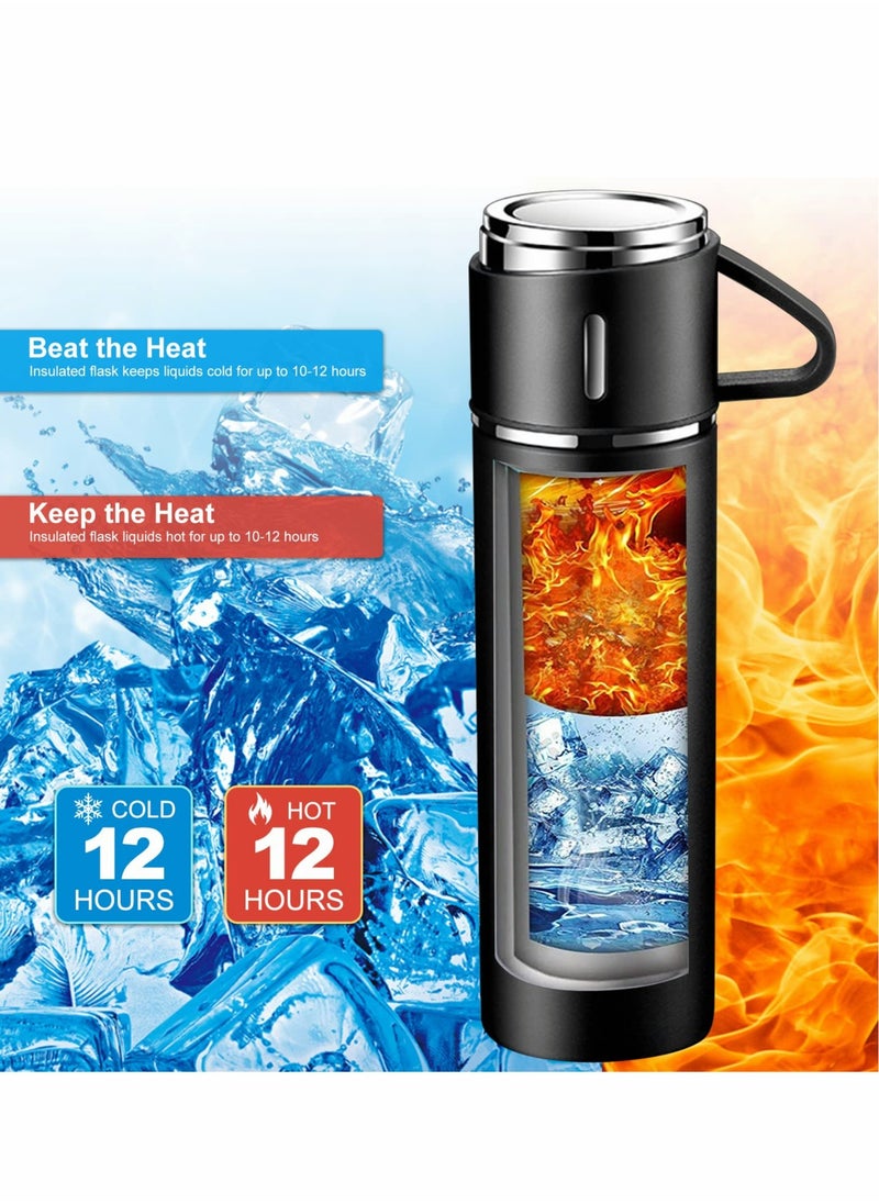 Water Bottle 500ml Vacuum Flask, Insulated Travel Mug with Leakproof Lid and Handle, Reusable Drinks Bottles Stays Coffee Tea Hot and Cold Up to 12 Hours for Work Sports Camping Cycling, Black