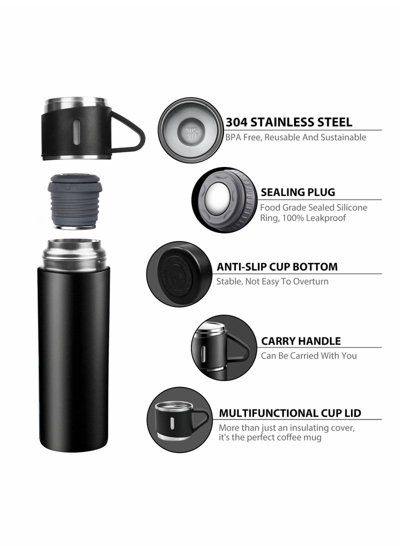 Water Bottle 500ml Vacuum Flask, Insulated Travel Mug with Leakproof Lid and Handle, Reusable Drinks Bottles Stays Coffee Tea Hot and Cold Up to 12 Hours for Work Sports Camping Cycling, Black