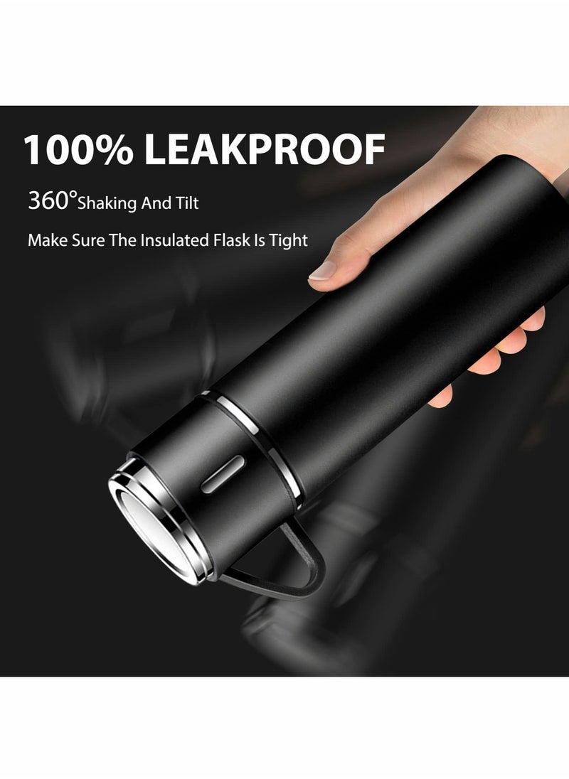 Water Bottle 500ml Vacuum Flask, Insulated Travel Mug with Leakproof Lid and Handle, Reusable Drinks Bottles Stays Coffee Tea Hot and Cold Up to 12 Hours for Work Sports Camping Cycling, Black