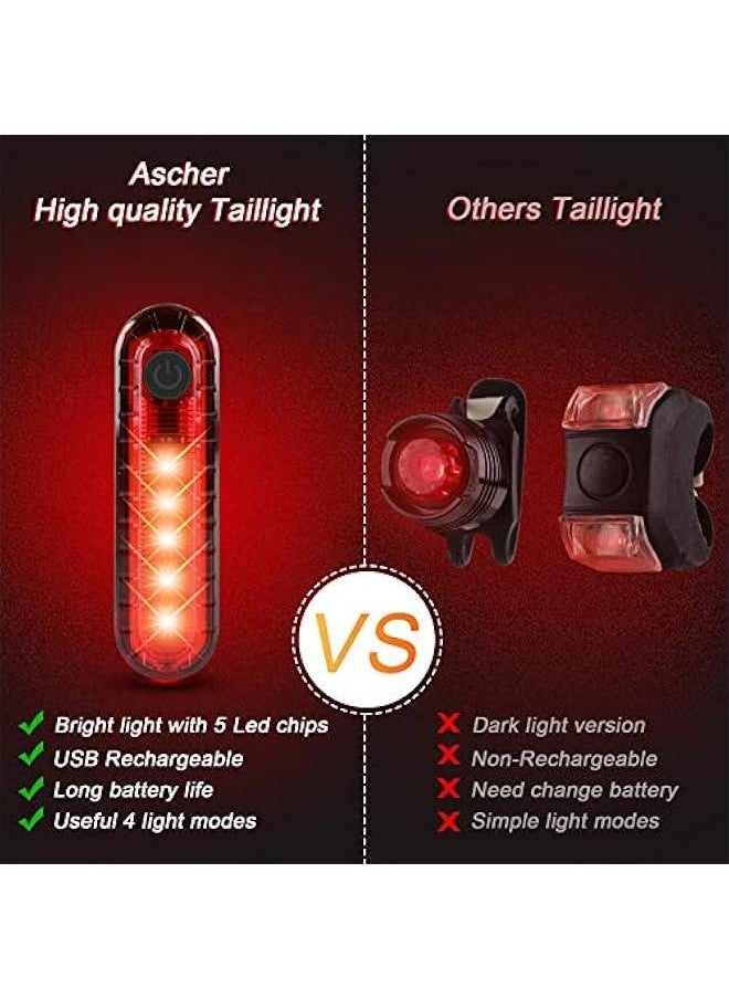 Ultra Bright USB Rechargeable Bike Light Set, Powerful Bicycle Front Headlight and Back Taillight, 4 Light Modes, Easy to Install for Men Women Kids Road Mountain Cycling Black