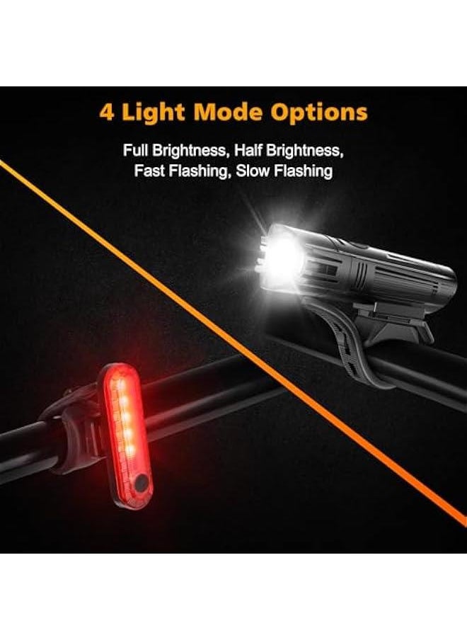 Ultra Bright USB Rechargeable Bike Light Set, Powerful Bicycle Front Headlight and Back Taillight, 4 Light Modes, Easy to Install for Men Women Kids Road Mountain Cycling Black