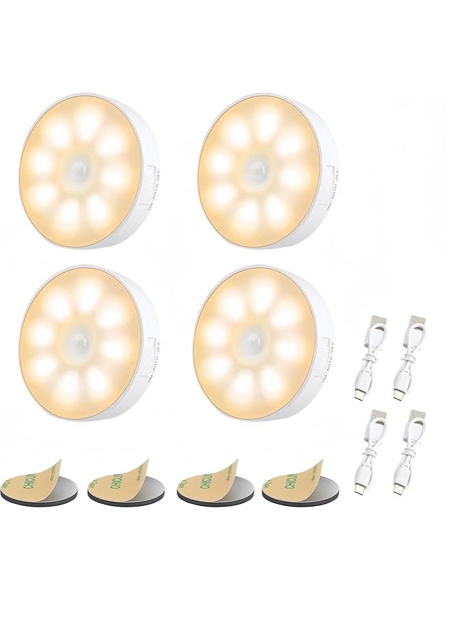 Sensor night Lights, 4 pcs LEDs Rechargeable small Night Light, with USB Cable & Magnetic Patch, 3 Modes, Cordless Safe Wall Light for kids rooms bedroom Kitchen Bookshelves Drawers