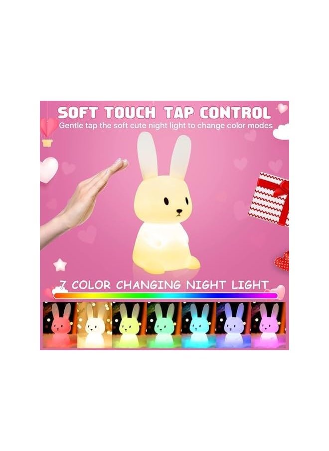 Night Light for Kids, Cute Bunny Night Light, 7 Colors Night Light for Kids Teens Room, Kawaii Room Decor, USB Rechargeable Silicone Bunny Cute Lamp with 3 Hours Timer