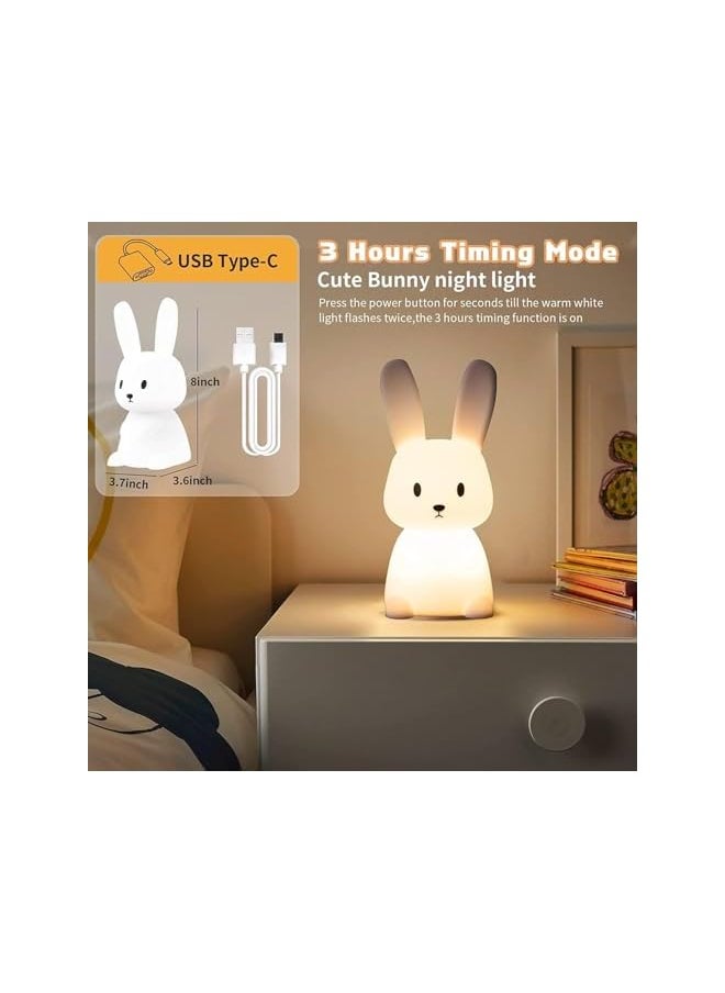 Night Light for Kids, Cute Bunny Night Light, 7 Colors Night Light for Kids Teens Room, Kawaii Room Decor, USB Rechargeable Silicone Bunny Cute Lamp with 3 Hours Timer