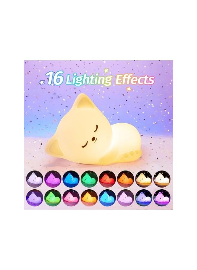 Cat Shape Night Light for Kids, Adorable Night Lamp with 16 Colors Silicone Child Night Light, Soft Light Cordless Bedside Night Lights for Toddler Room, Decor for Nursery, Bedroom, Bathroom