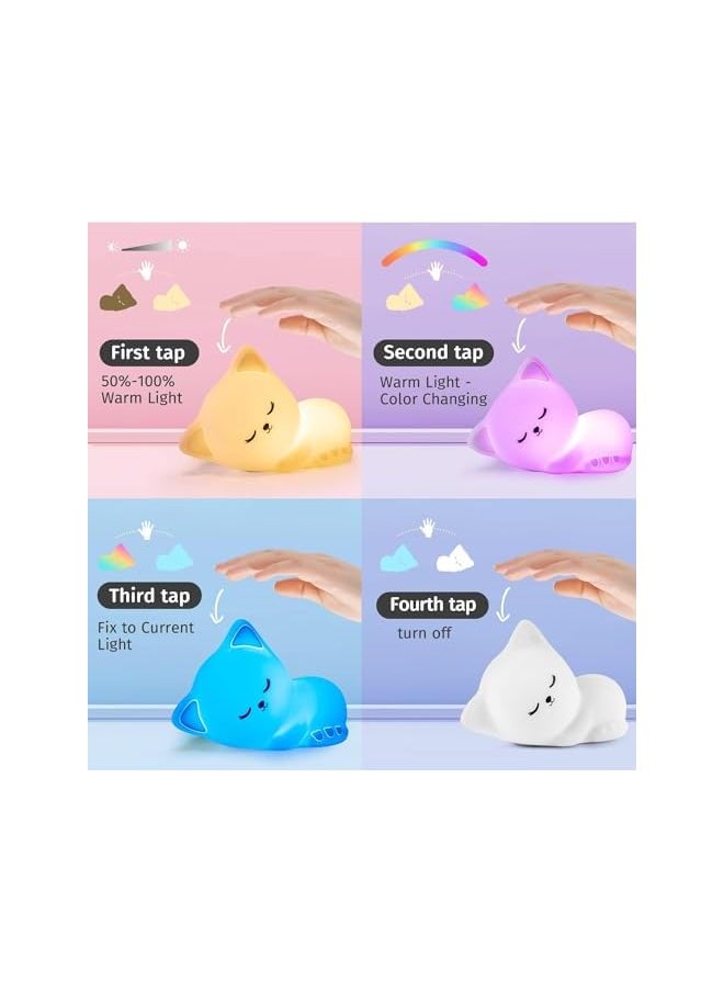 Cat Shape Night Light for Kids, Adorable Night Lamp with 16 Colors Silicone Child Night Light, Soft Light Cordless Bedside Night Lights for Toddler Room, Decor for Nursery, Bedroom, Bathroom