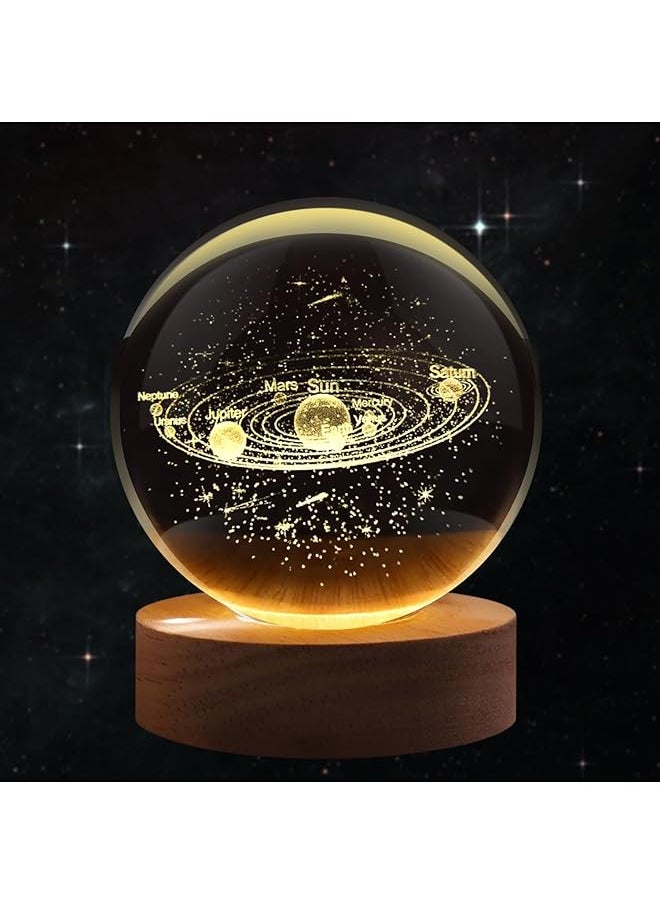 3D Solar System Crystal Ball Night Light, with Solid Wood Base, USB Powered Crystal Ball Lamp, Adjustable Brightness, Suitable for Living Room, Bedroom and Lounge (60mm)