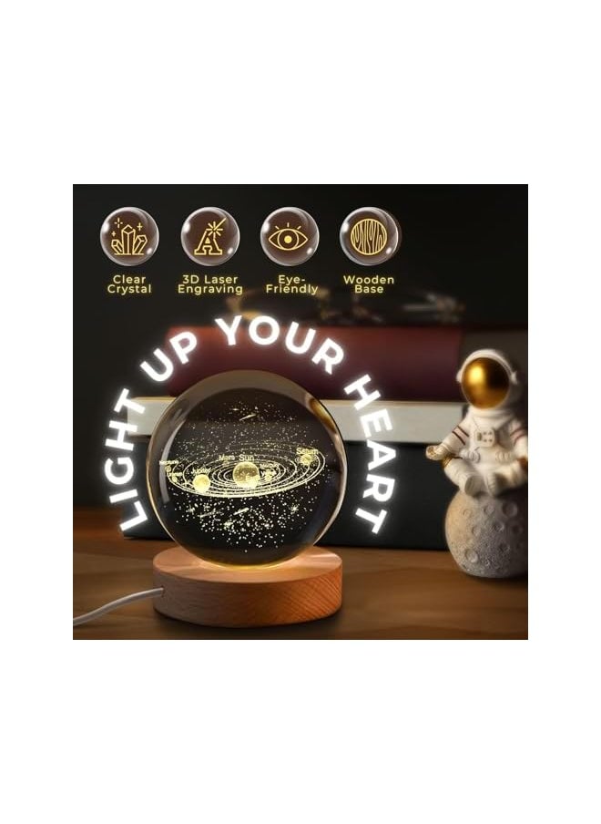 3D Solar System Crystal Ball Night Light, with Solid Wood Base, USB Powered Crystal Ball Lamp, Adjustable Brightness, Suitable for Living Room, Bedroom and Lounge (60mm)