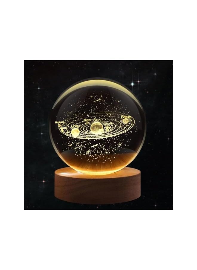 3D Solar System Crystal Ball Night Light, with Solid Wood Base, USB Powered Crystal Ball Lamp, Adjustable Brightness, Suitable for Living Room, Bedroom and Lounge (60mm)