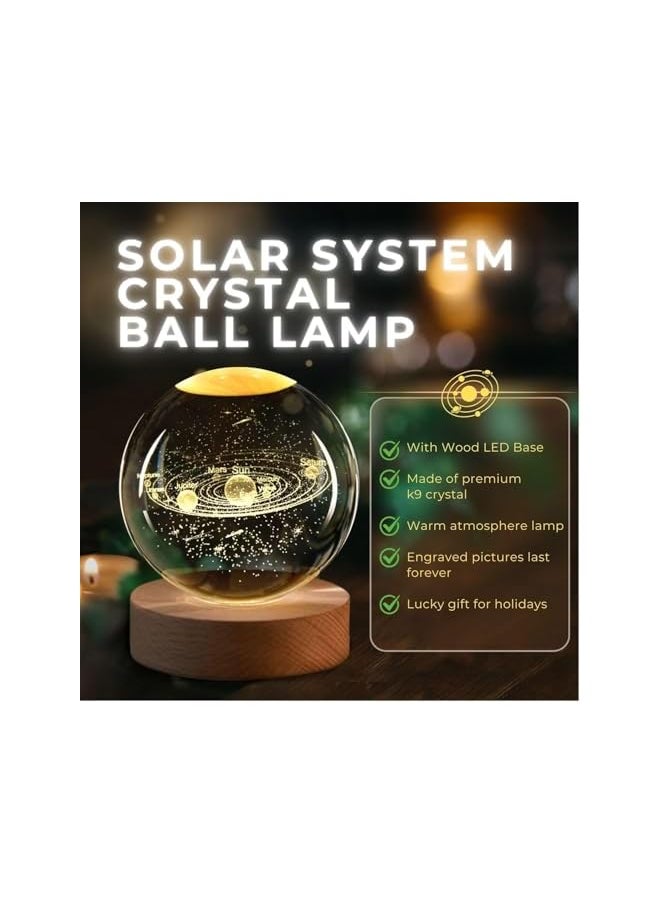 3D Solar System Crystal Ball Night Light, with Solid Wood Base, USB Powered Crystal Ball Lamp, Adjustable Brightness, Suitable for Living Room, Bedroom and Lounge (60mm)