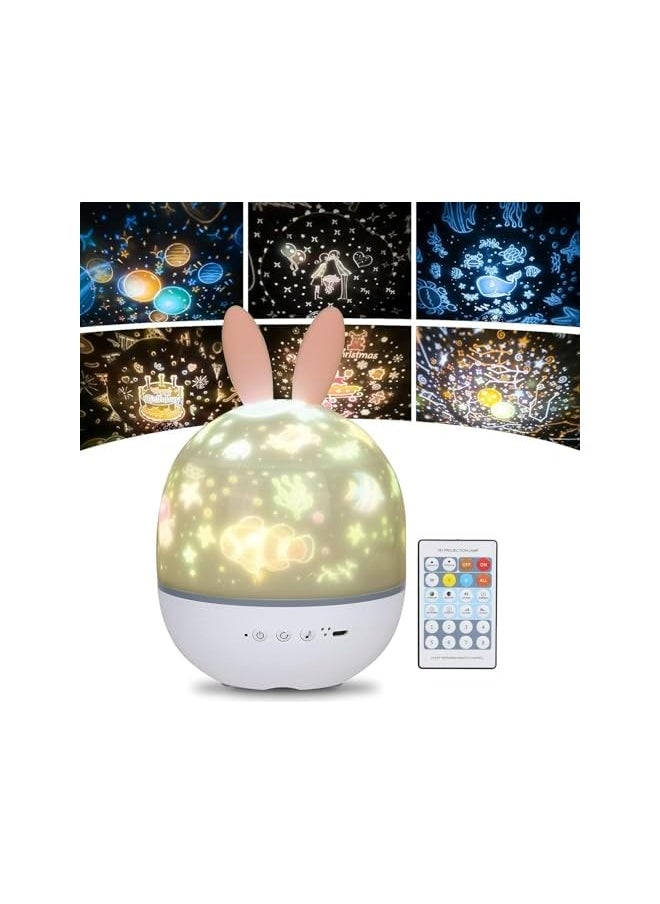 Night Light Projector for Kids, Star Projector with Timer and Remote Control, USB Rechargeable Night Lamp 360°Rotatable, 4 Light Modes/6 Projection Theme/7 Brightness for Baby Children Toddler(Rabbit)