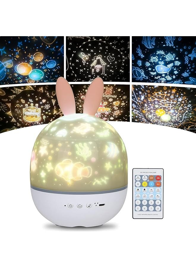 Night Light Projector for Kids, Star Projector with Timer and Remote Control, USB Rechargeable Night Lamp 360°Rotatable, 4 Light Modes/6 Projection Theme/7 Brightness for Baby Children Toddler(Rabbit)