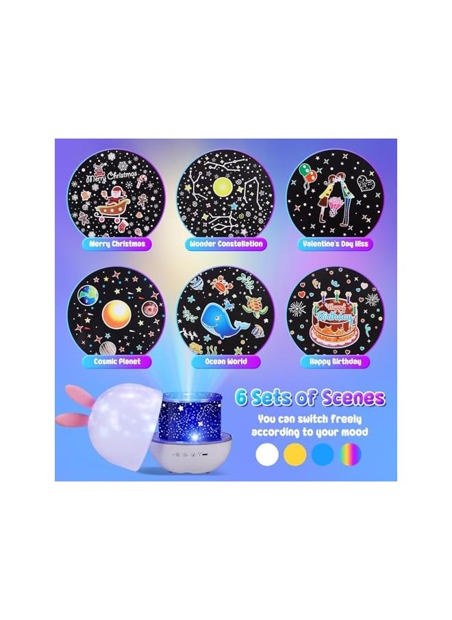 Night Light Projector for Kids, Star Projector with Timer and Remote Control, USB Rechargeable Night Lamp 360°Rotatable, 4 Light Modes/6 Projection Theme/7 Brightness for Baby Children Toddler(Rabbit)