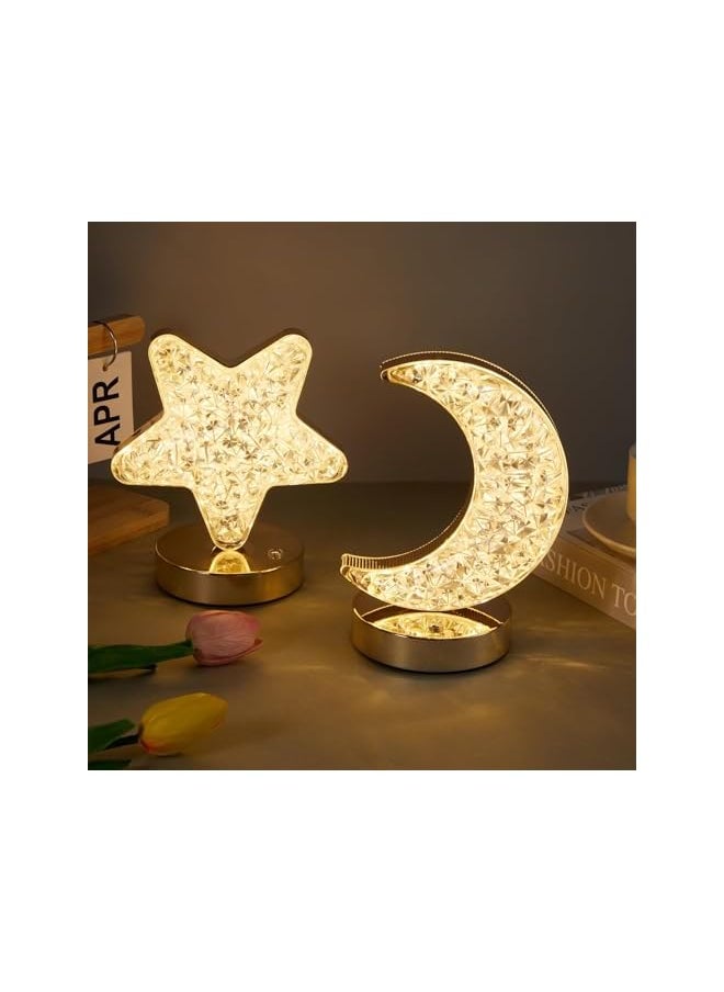 The Bros2 Pieces Moon and star Table Lamp, Night Light with 3 Colors Modes, Dimmable Night Light for Table Bedside, Rechargeable Night Light with USB Port, Home Decor Light for Birthday Gift