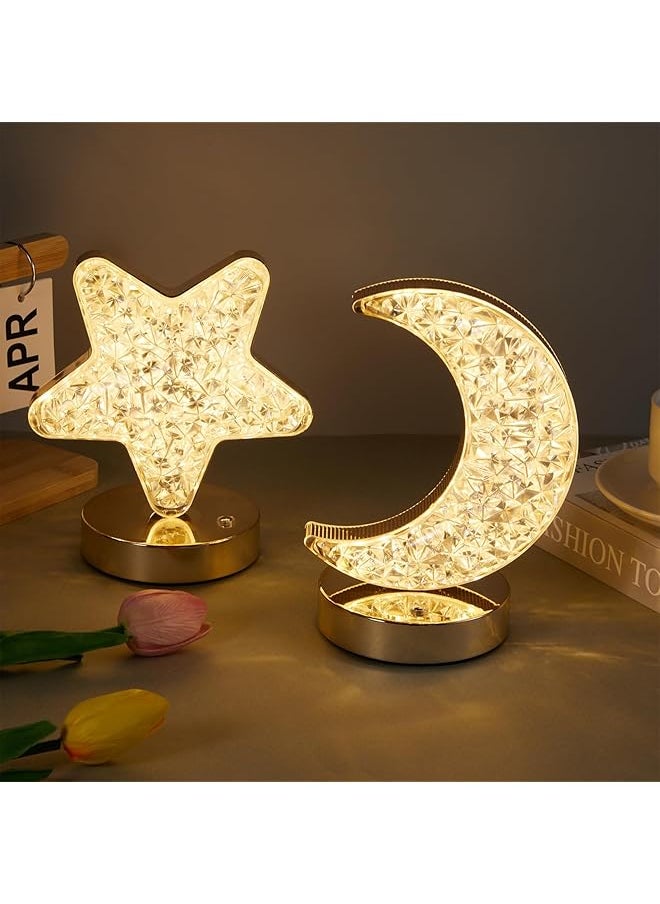 The Bros2 Pieces Moon and star Table Lamp, Night Light with 3 Colors Modes, Dimmable Night Light for Table Bedside, Rechargeable Night Light with USB Port, Home Decor Light for Birthday Gift