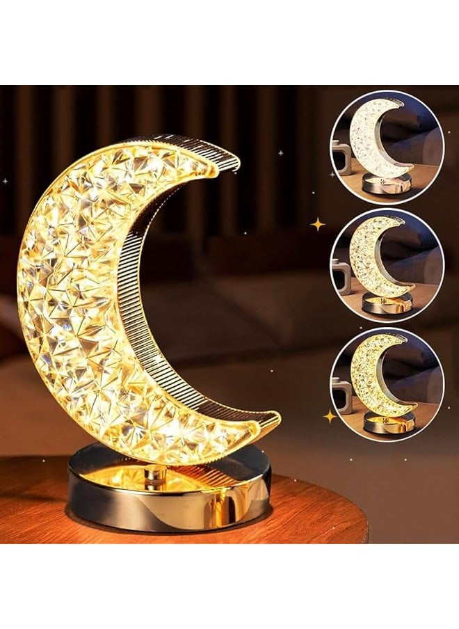 Eid Ramadan Moon Lamp,Mubarak Romantic Moon Night Light Decorations with 3 Colors,Rechargeable Touch Dimmable Crystal Light Ornaments Eid al-Fitr Night Lights for Bedroom,Party,Festival-Moon
