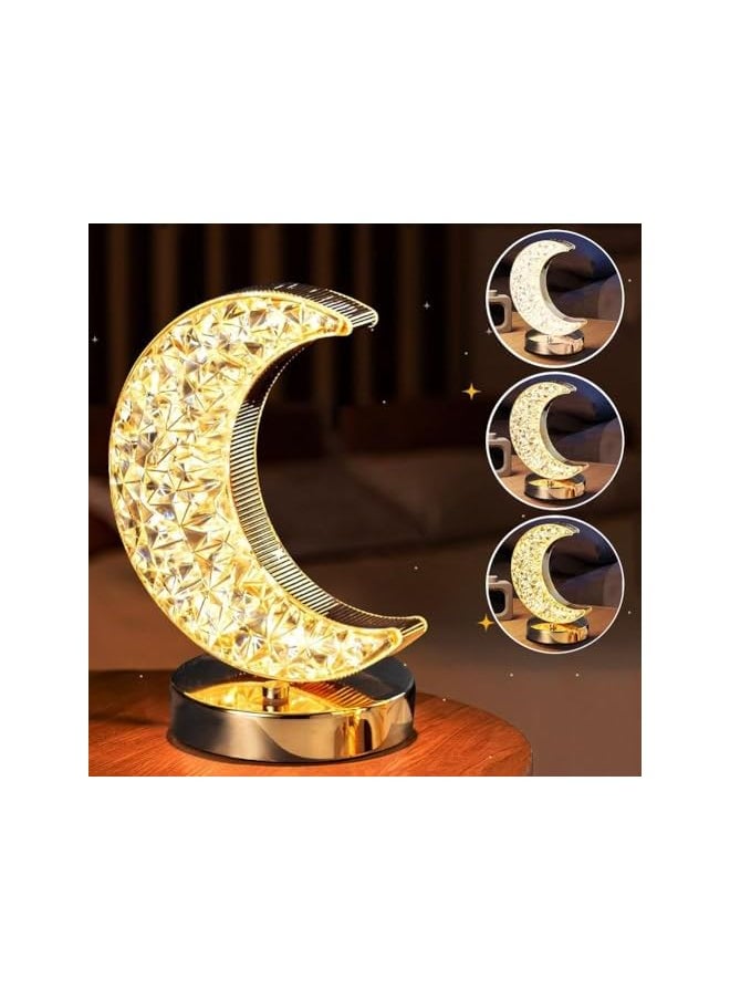 Eid Ramadan Moon Lamp,Mubarak Romantic Moon Night Light Decorations with 3 Colors,Rechargeable Touch Dimmable Crystal Light Ornaments Eid al-Fitr Night Lights for Bedroom,Party,Festival-Moon