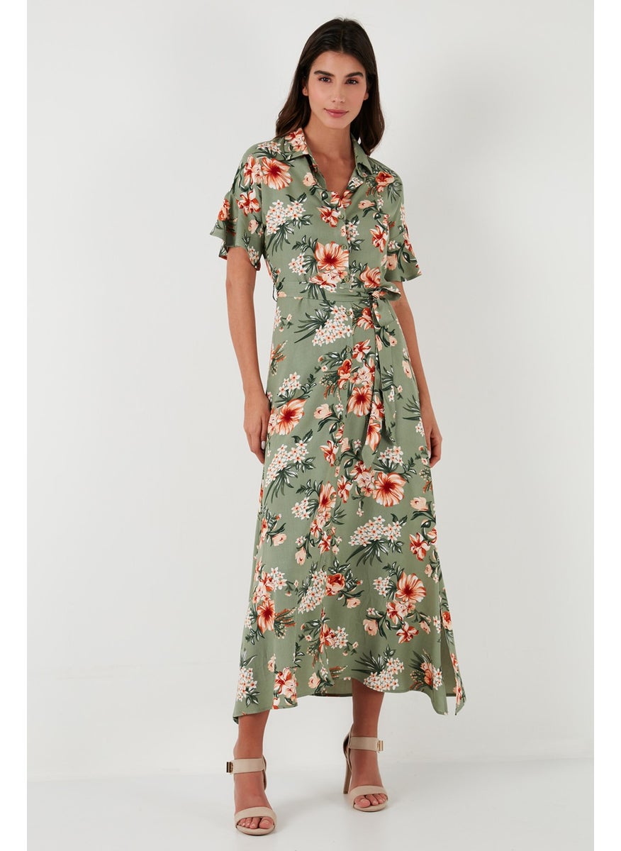 Patterned Slit Shirt Collar Maxi Dress Women's Dress 611EL502