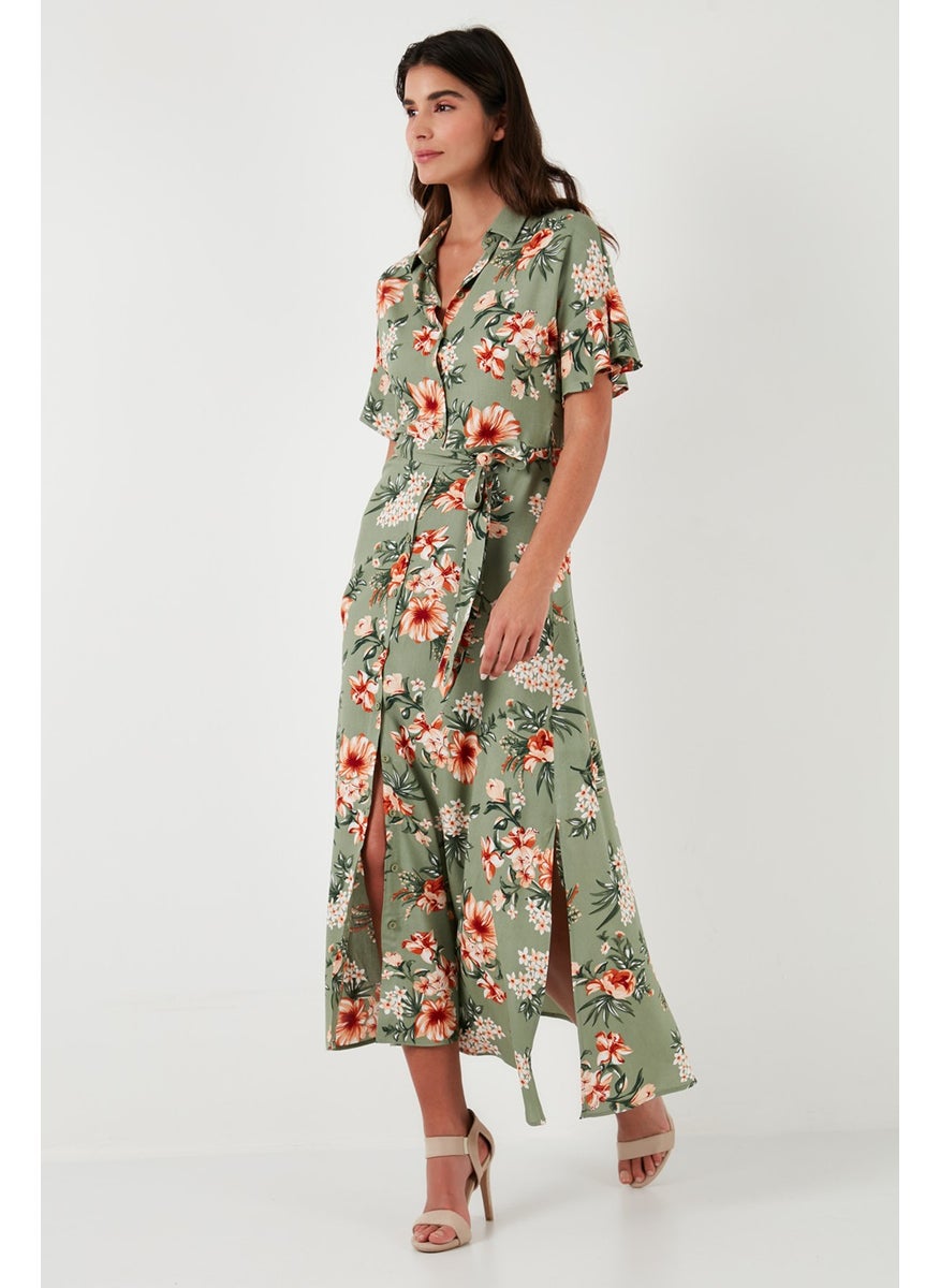Patterned Slit Shirt Collar Maxi Dress Women's Dress 611EL502