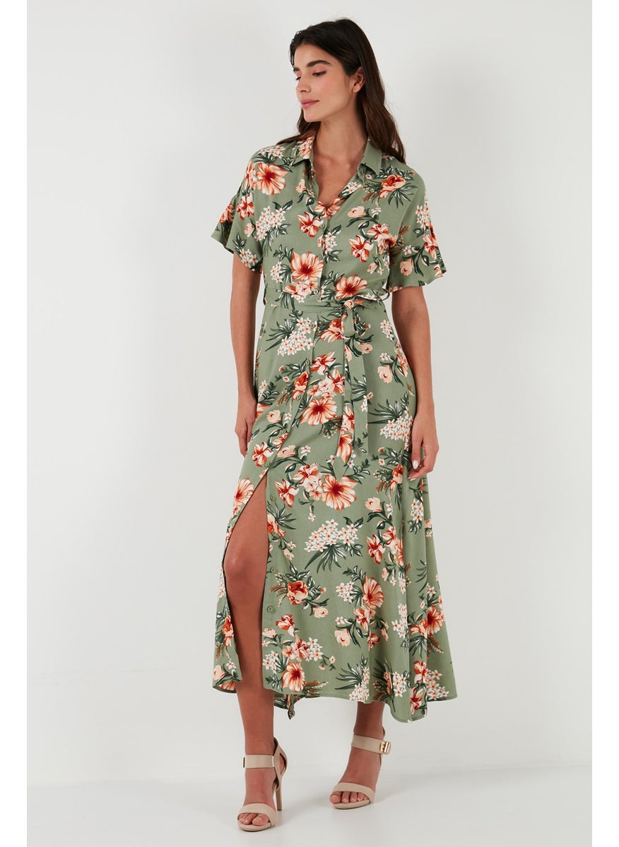 Patterned Slit Shirt Collar Maxi Dress Women's Dress 611EL502