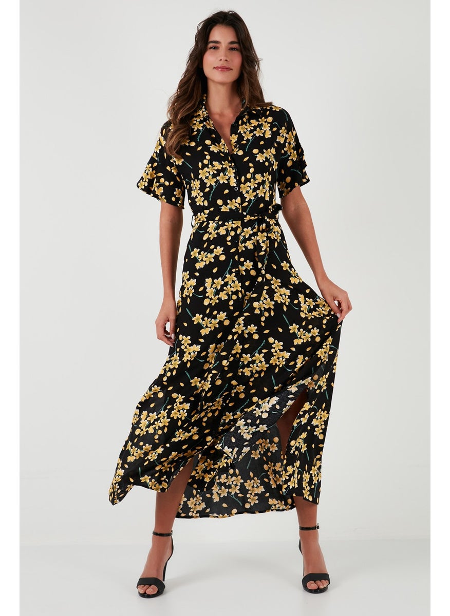 Patterned Slit Shirt Collar Maxi Dress Women's Dress 611EL502