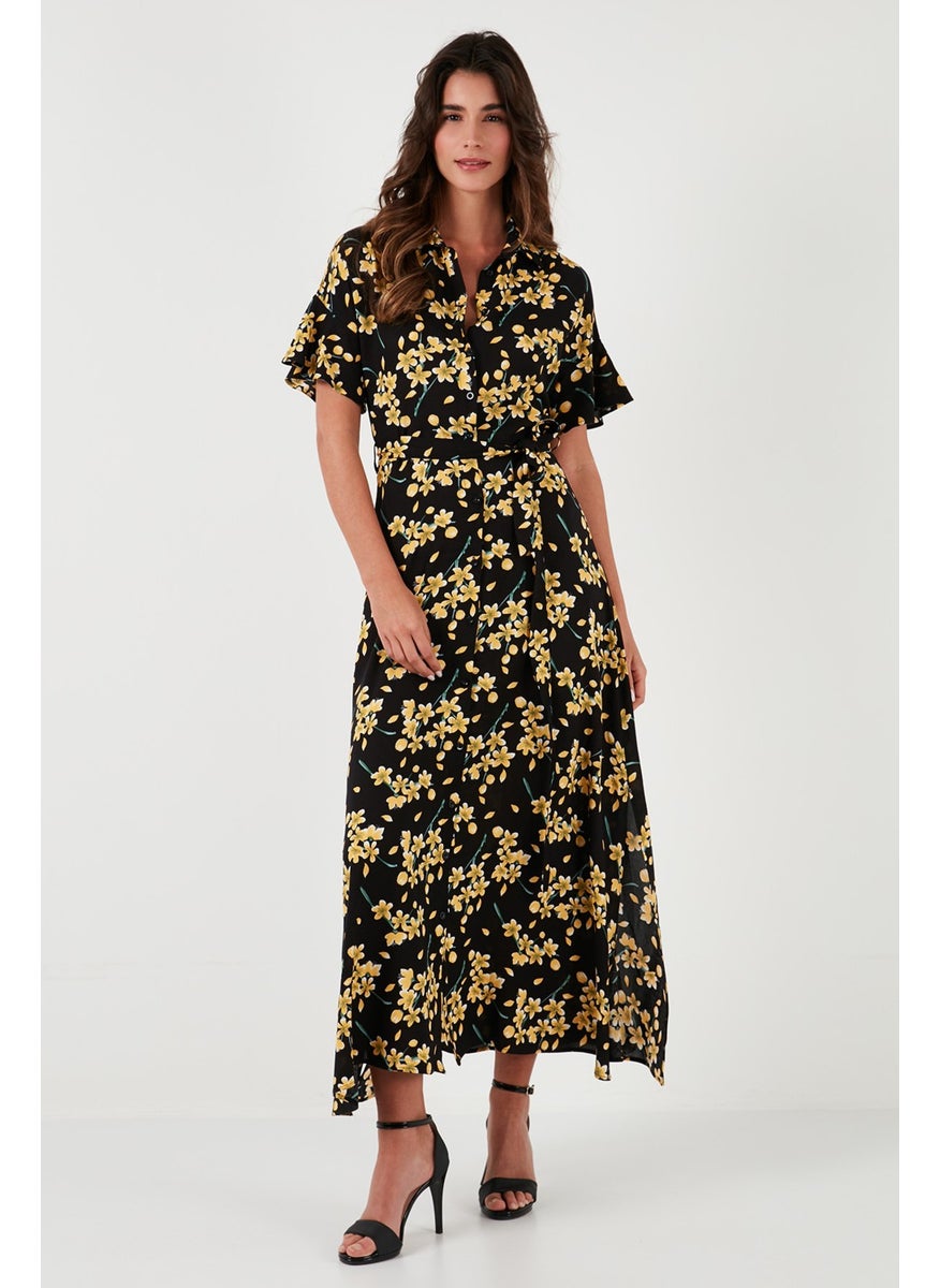 Patterned Slit Shirt Collar Maxi Dress Women's Dress 611EL502
