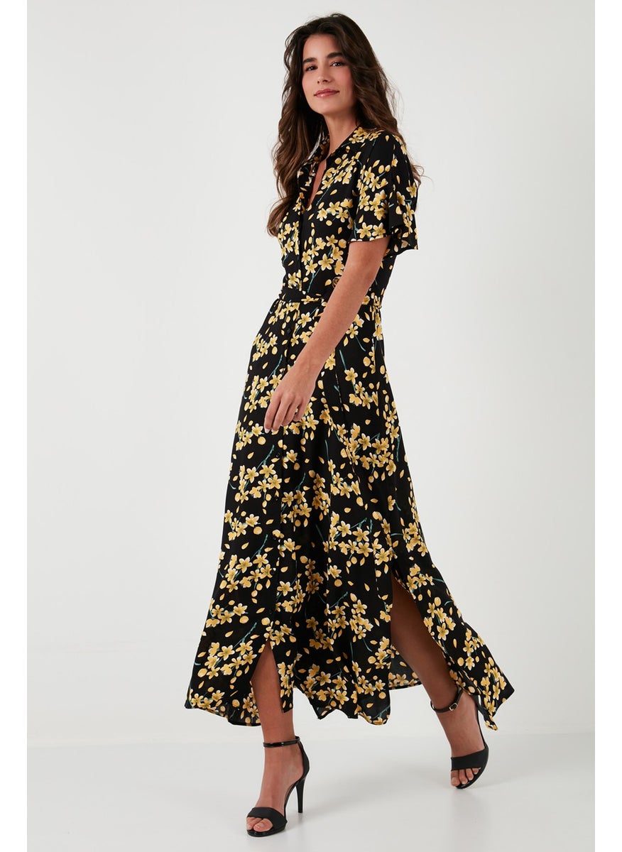 Patterned Slit Shirt Collar Maxi Dress Women's Dress 611EL502