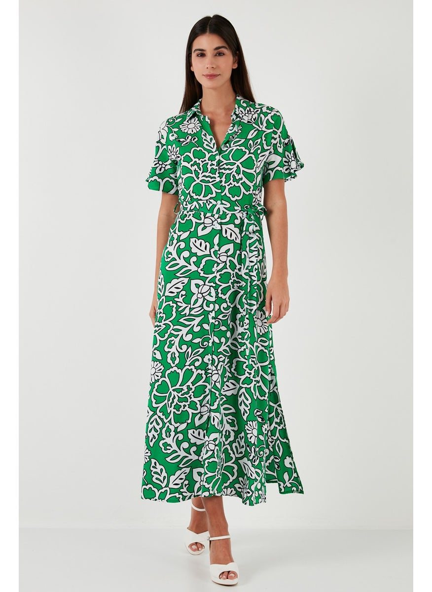 Patterned Slit Shirt Collar Maxi Dress Women's Dress 611EL502