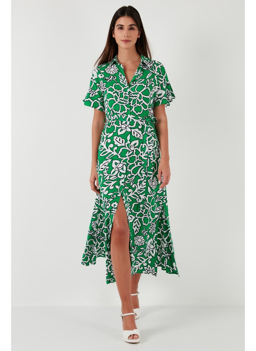 Patterned Slit Shirt Collar Maxi Dress Women's Dress 611EL502