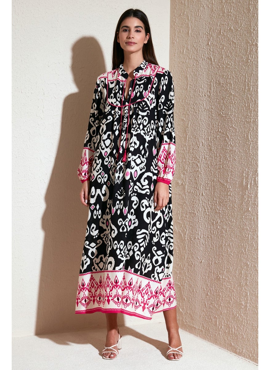 Patterned Regular Fit Tie-Up V-Neck Maxi Dress Women's Dress 611EL510