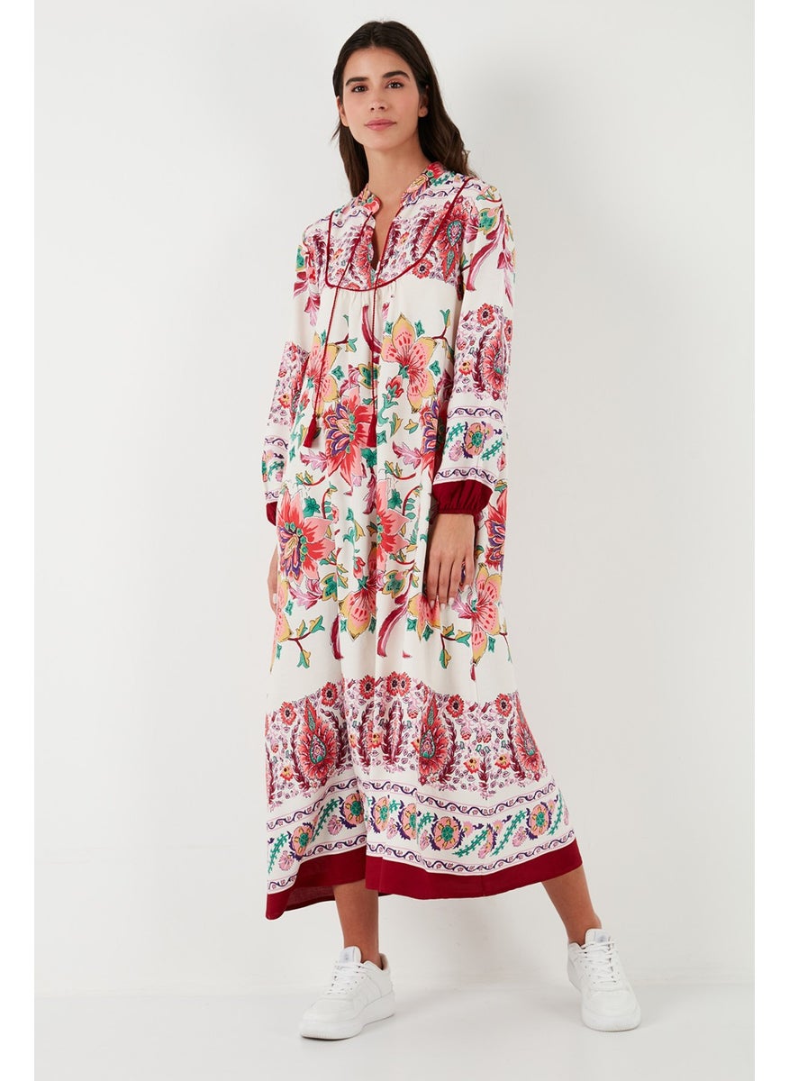 Patterned Regular Fit Tie-Up V-Neck Maxi Dress Women's Dress 611EL510