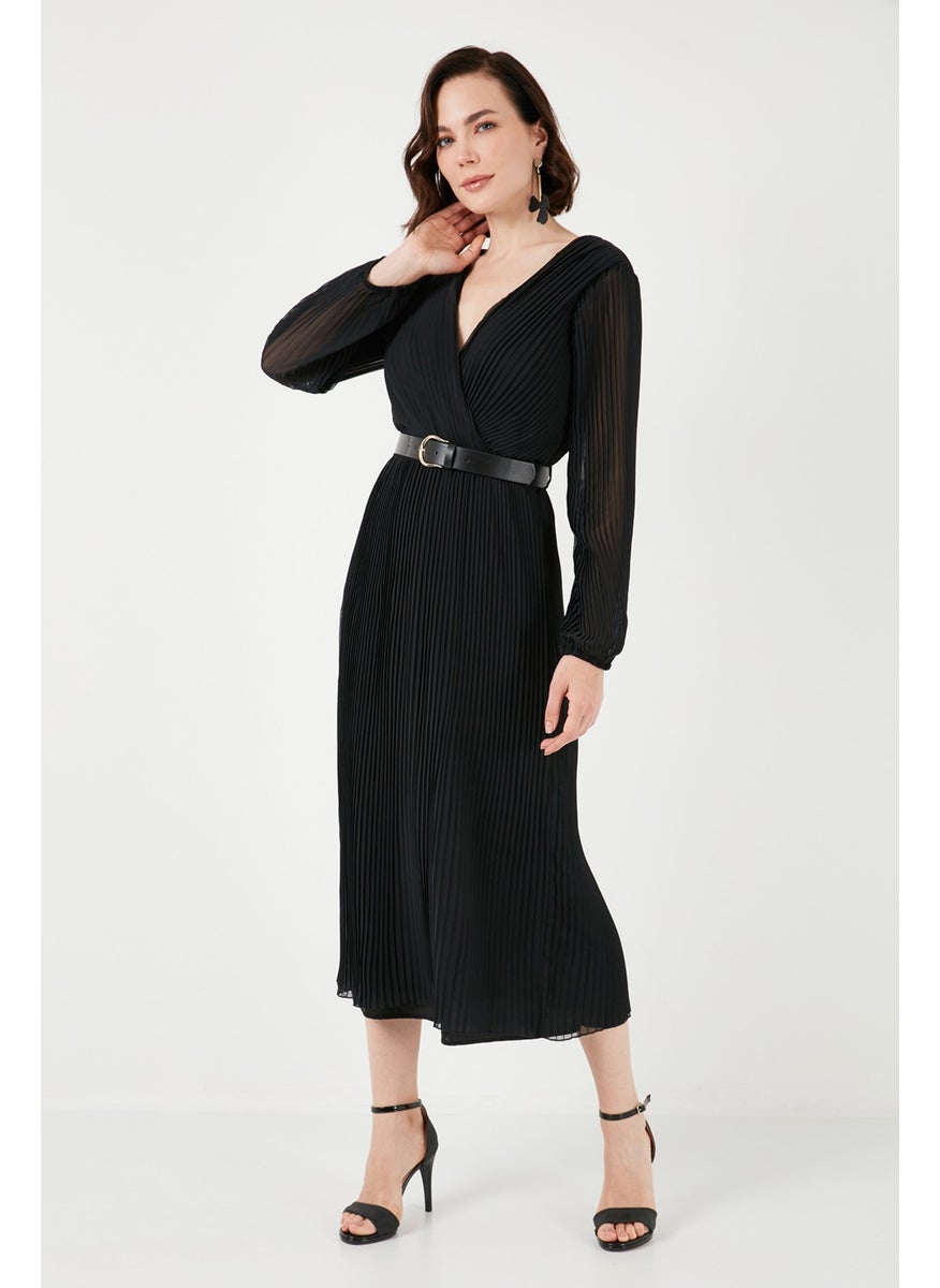 Pleated Belted Double Breasted Collar Long Sleeve Chiffon Dress Women's Dress 611EL00471