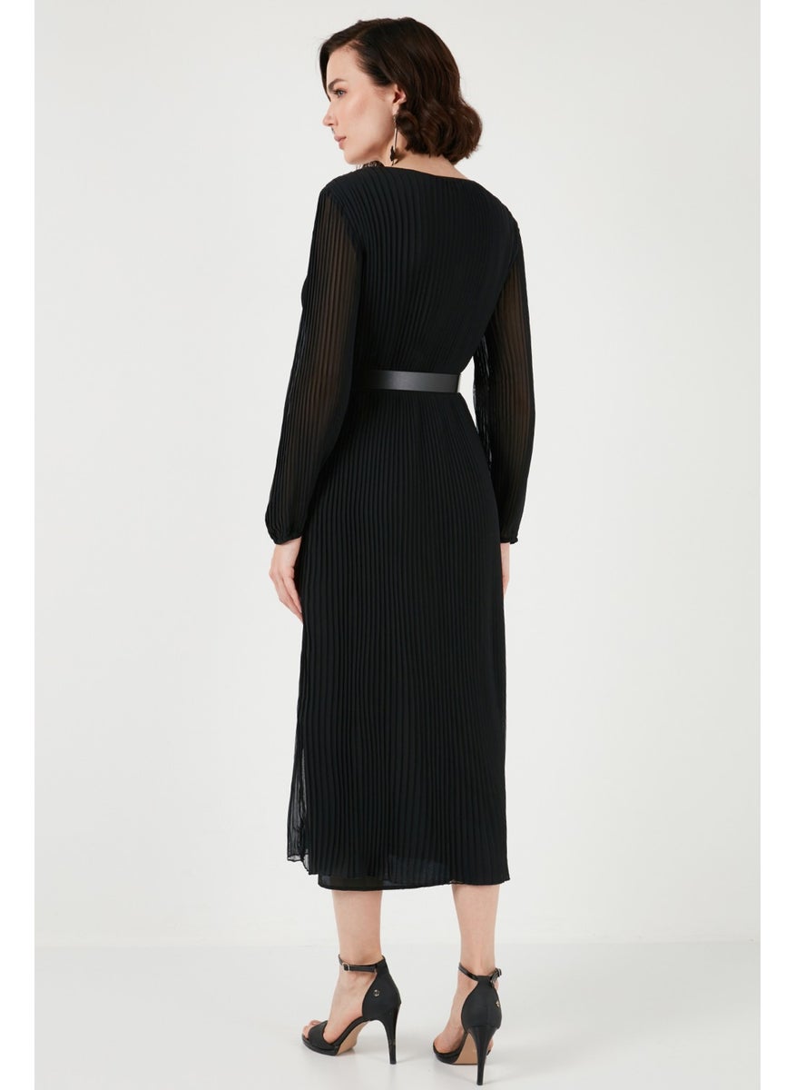 Pleated Belted Double Breasted Collar Long Sleeve Chiffon Dress Women's Dress 611EL00471