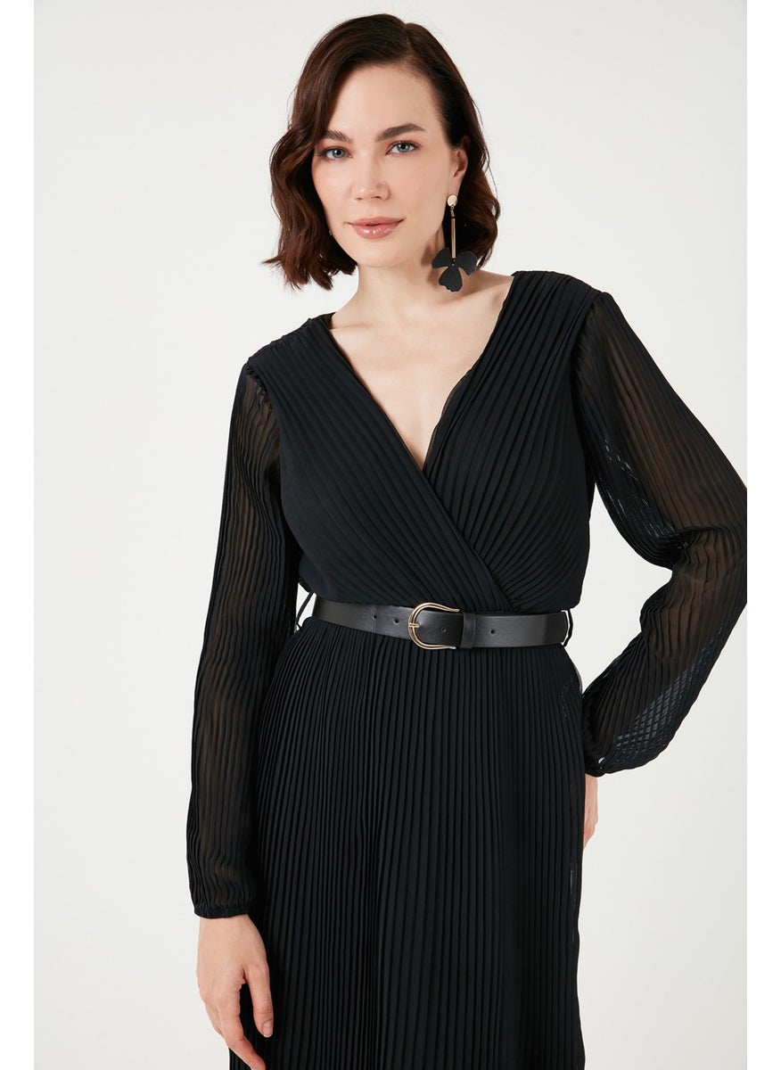 Pleated Belted Double Breasted Collar Long Sleeve Chiffon Dress Women's Dress 611EL00471