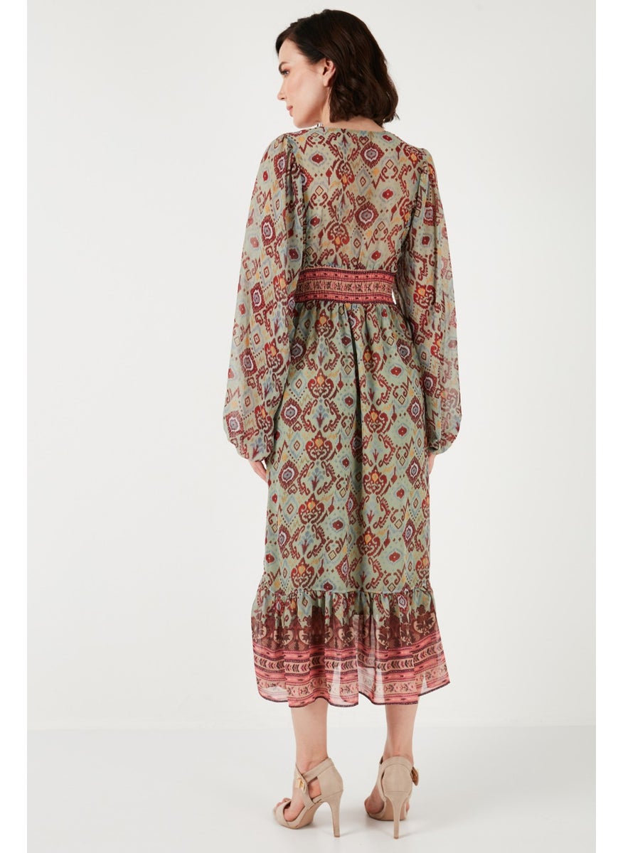 Patterned V-neck Gimped Long Sleeve Midi Length Chiffon Dress Women's Dress 611EL499
