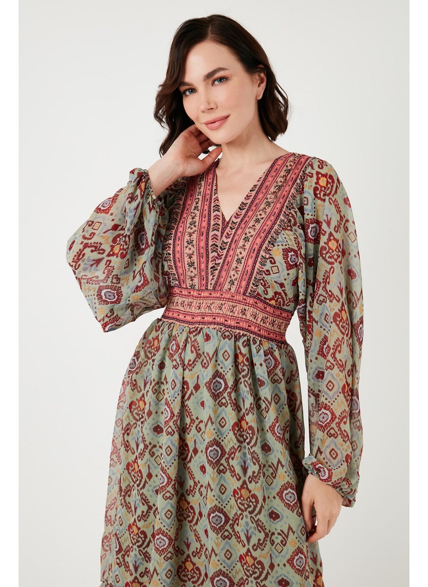 Patterned V-neck Gimped Long Sleeve Midi Length Chiffon Dress Women's Dress 611EL499