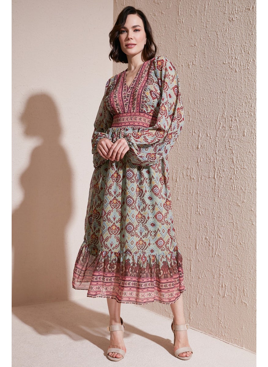 Patterned V-neck Gimped Long Sleeve Midi Length Chiffon Dress Women's Dress 611EL499
